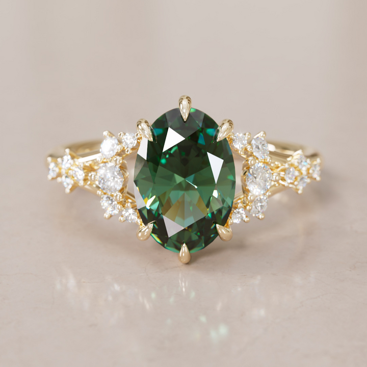 Unique Nature Oval Green Sapphire Engagement Ring Lab Diamonds By Valley Rose