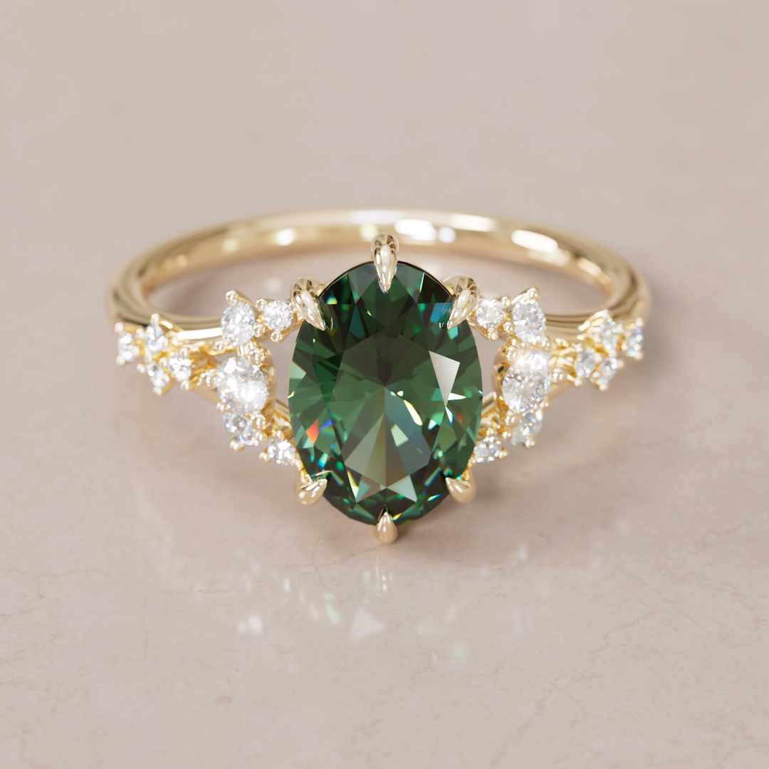 Unique Nature Oval Green Sapphire Engagement Ring Lab Diamonds By Valley Rose