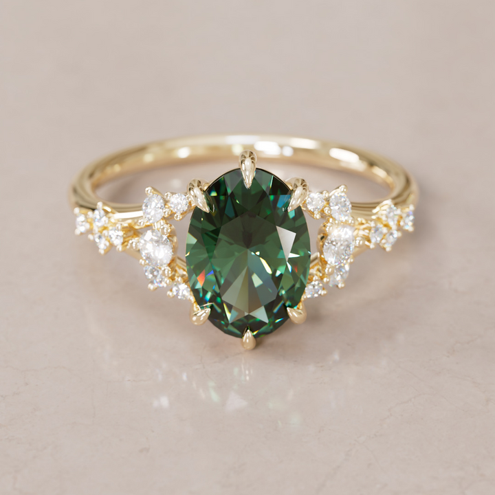 Unique Nature Oval Green Sapphire Engagement Ring Lab Diamonds By Valley Rose
