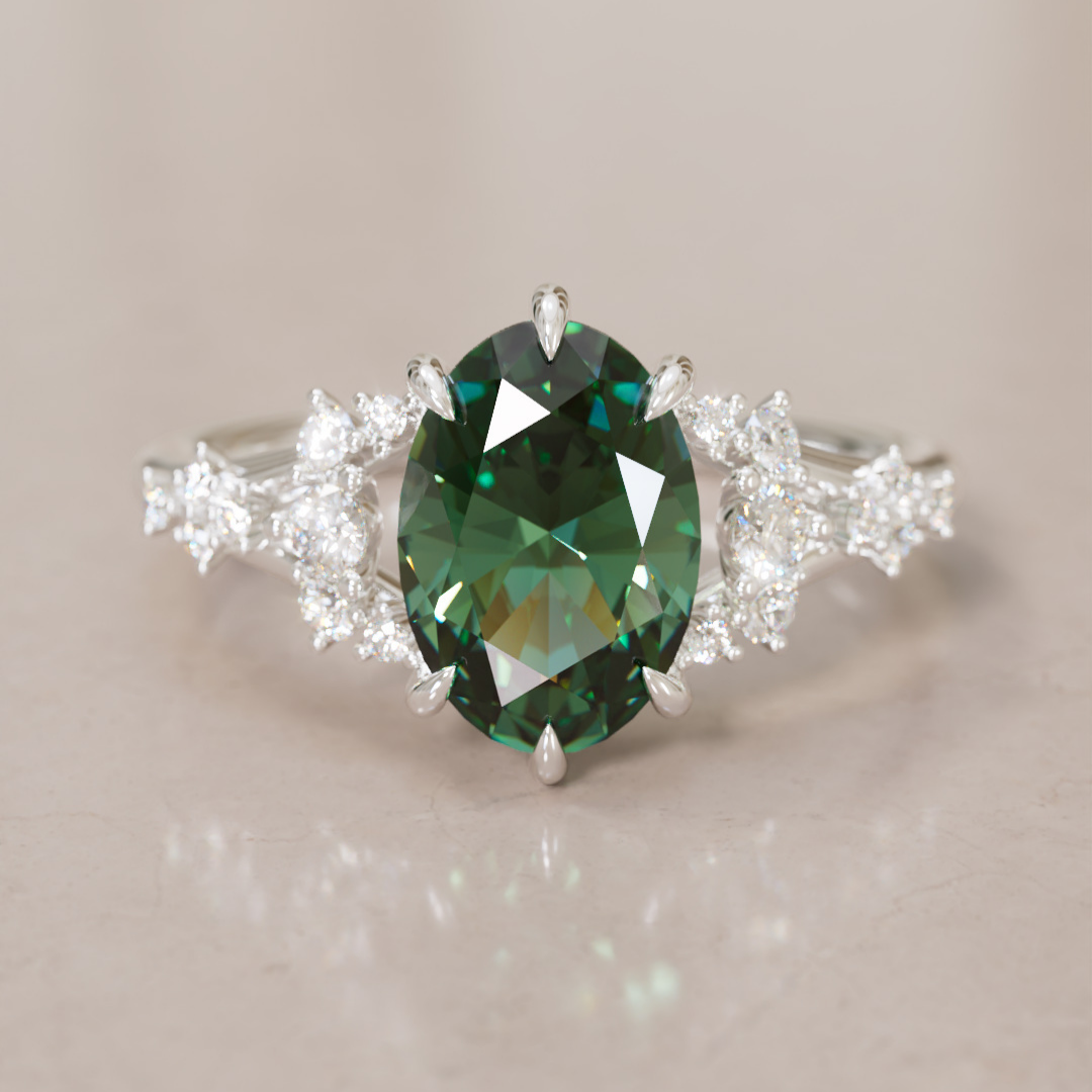 Unique Nature Oval Green Sapphire Engagement Ring Lab Diamonds By Valley Rose