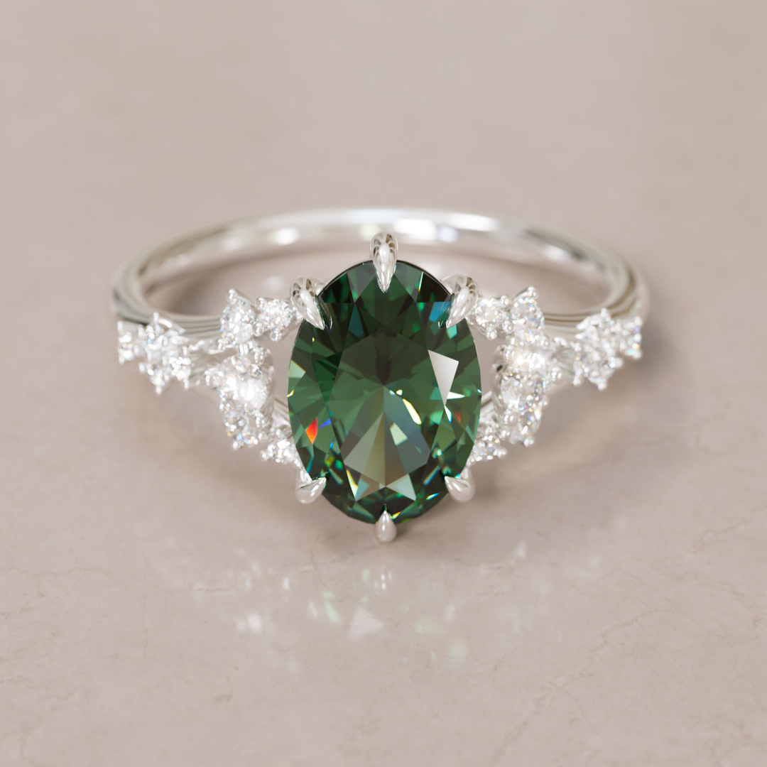 Unique Nature Oval Green Sapphire Engagement Ring Lab Diamonds By Valley Rose