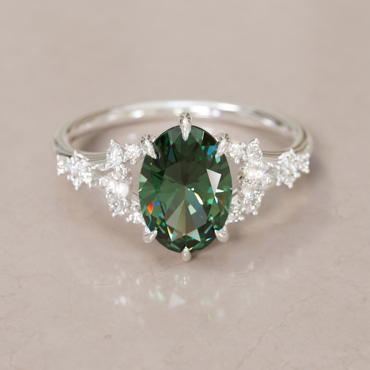 Unique Nature Oval Green Sapphire Engagement Ring Lab Diamonds By Valley Rose