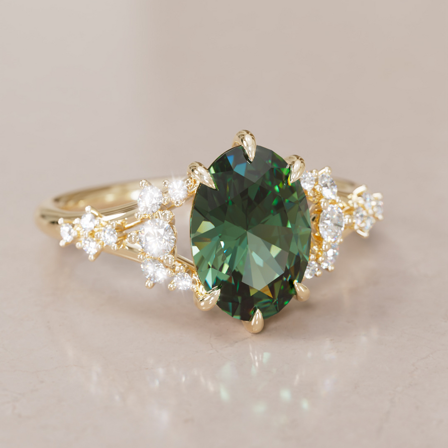 Unique Nature Oval Green Sapphire Engagement Ring Lab Diamonds By Valley Rose