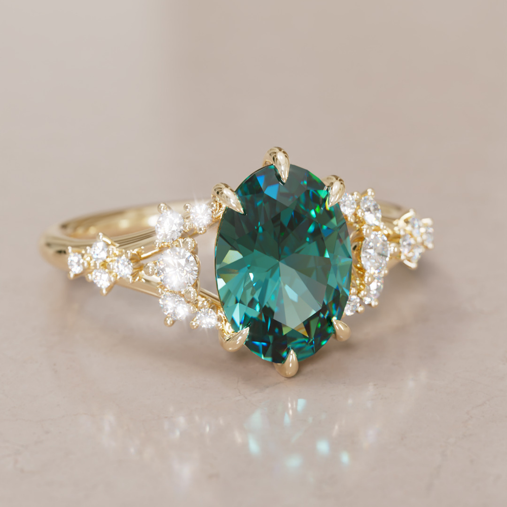 Unique Nature Oval Teal Sapphire Engagement Ring Lab Diamonds By Valley Rose