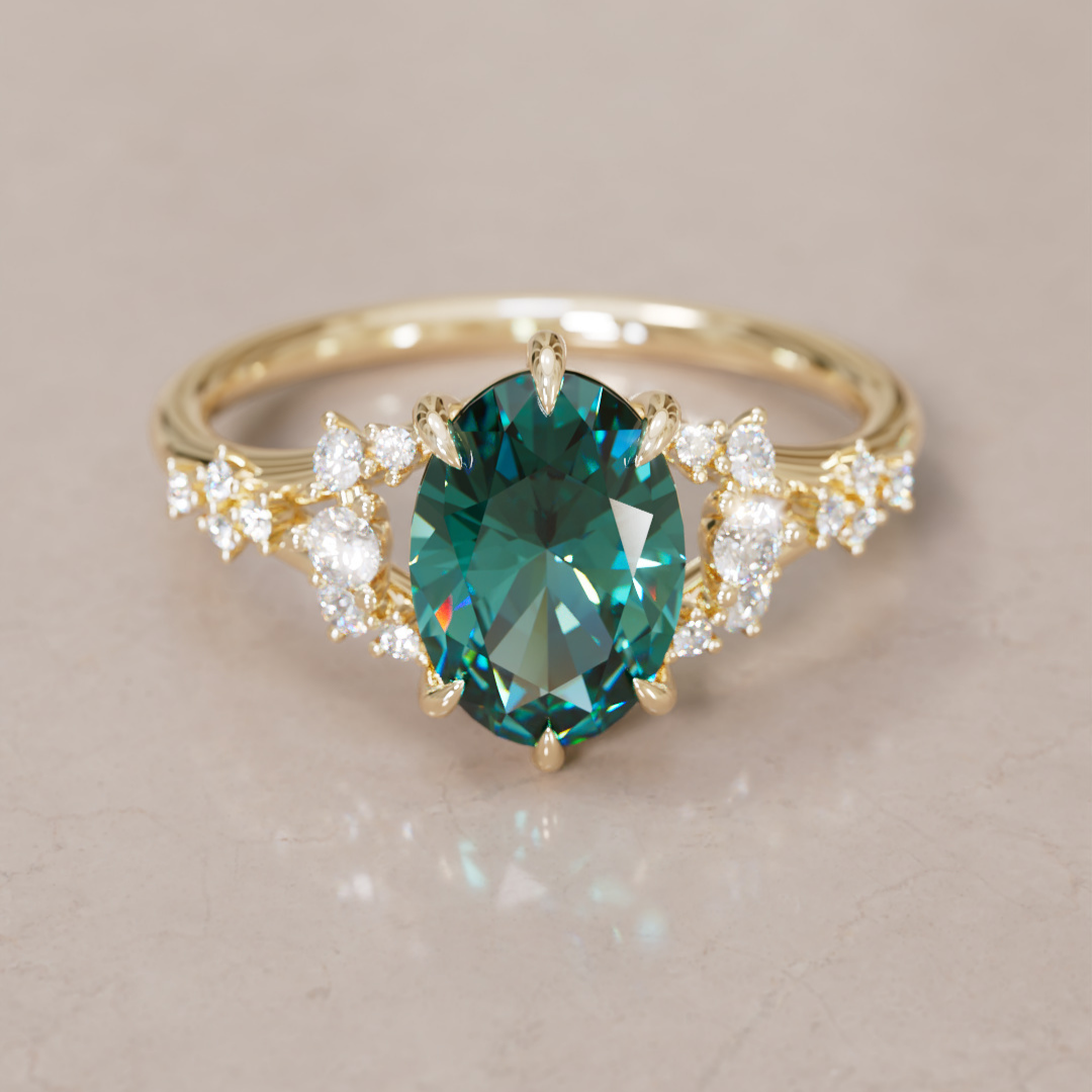 Unique Nature Oval Teal Sapphire Engagement Ring Lab Diamonds By Valley Rose