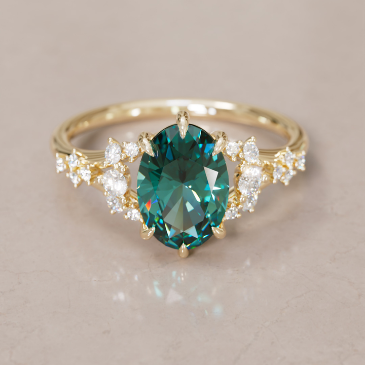 Unique Nature Oval Teal Sapphire Engagement Ring Lab Diamonds By Valley Rose