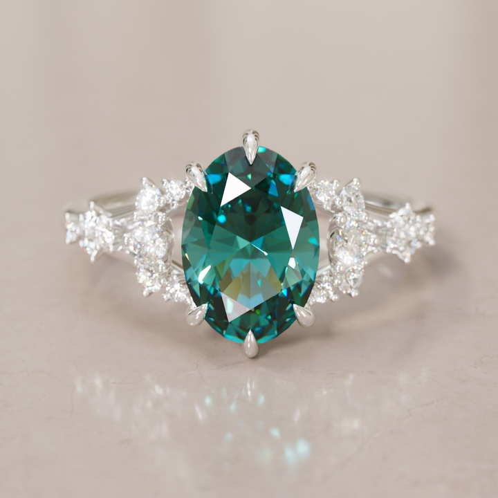 Unique Nature Oval Teal Sapphire Engagement Ring Lab Diamonds By Valley Rose
