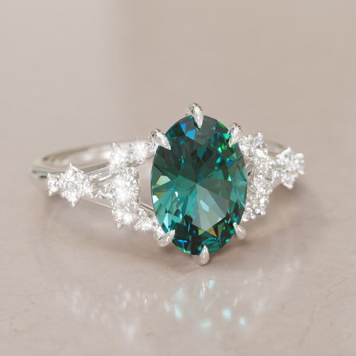 Unique Nature Oval Teal Sapphire Engagement Ring Lab Diamonds By Valley Rose