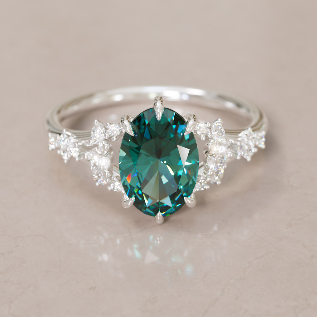 Unique Nature Oval Teal Sapphire Engagement Ring Lab Diamonds By Valley Rose
