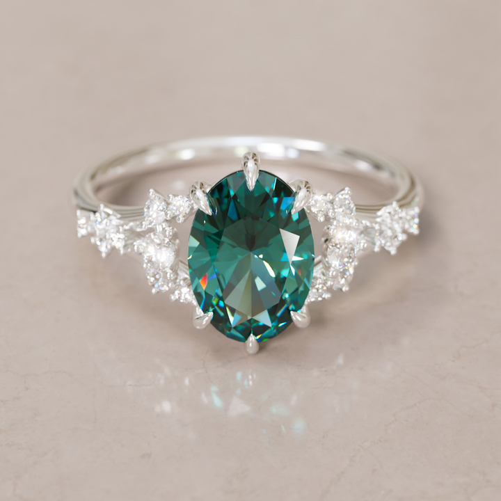 Unique Nature Oval Teal Sapphire Engagement Ring Lab Diamonds By Valley Rose