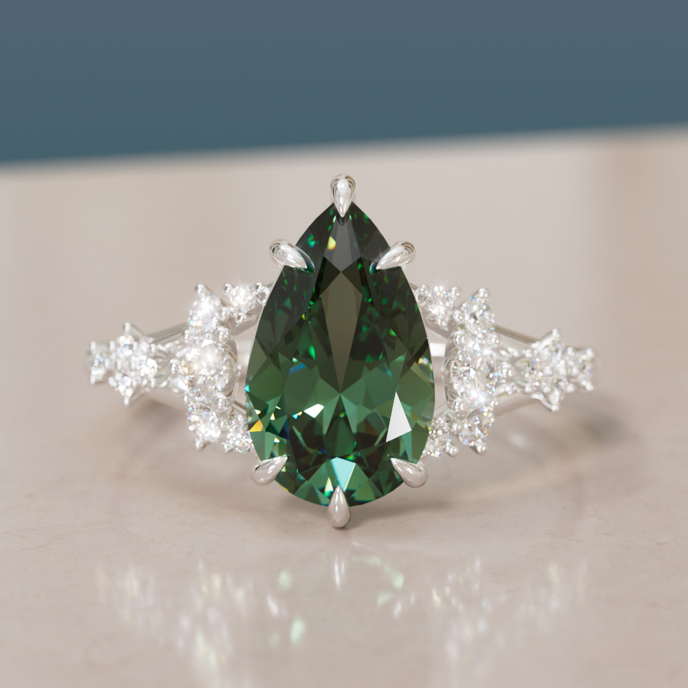 Unique Nature Pear Green Sapphire Engagement Ring Lab Diamonds By Valley Rose
