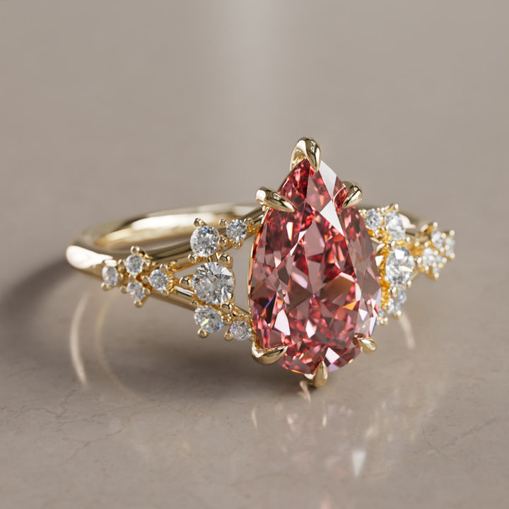 Unique Nature Pear Pink Lab Created Diamond Engagement Ring By Valley Rose