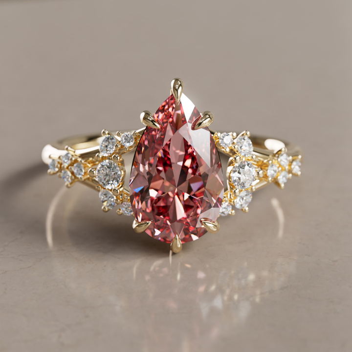 Unique Nature Pear Pink Lab Created Diamond Engagement Ring By Valley Rose