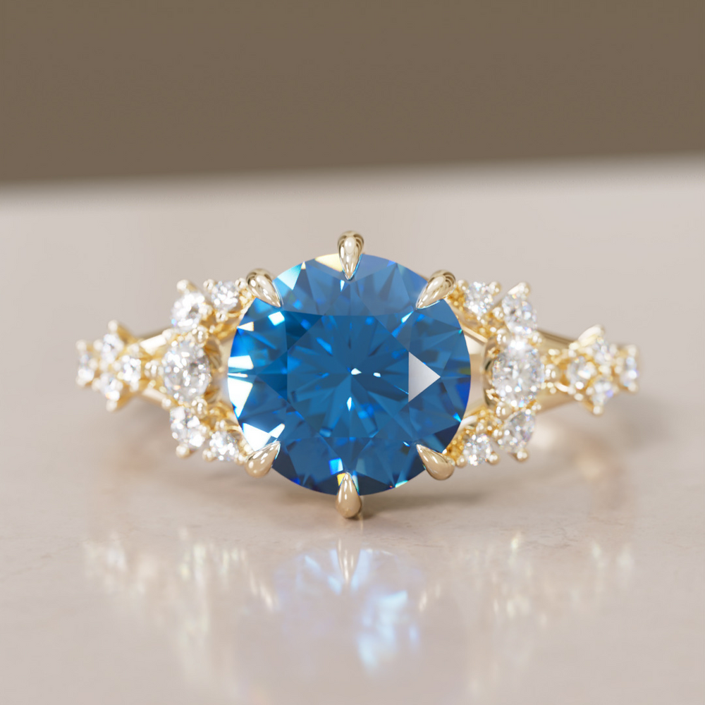 Unique Nature Round Blue Sapphire Engagement Ring Lab Diamonds By Valley Rose