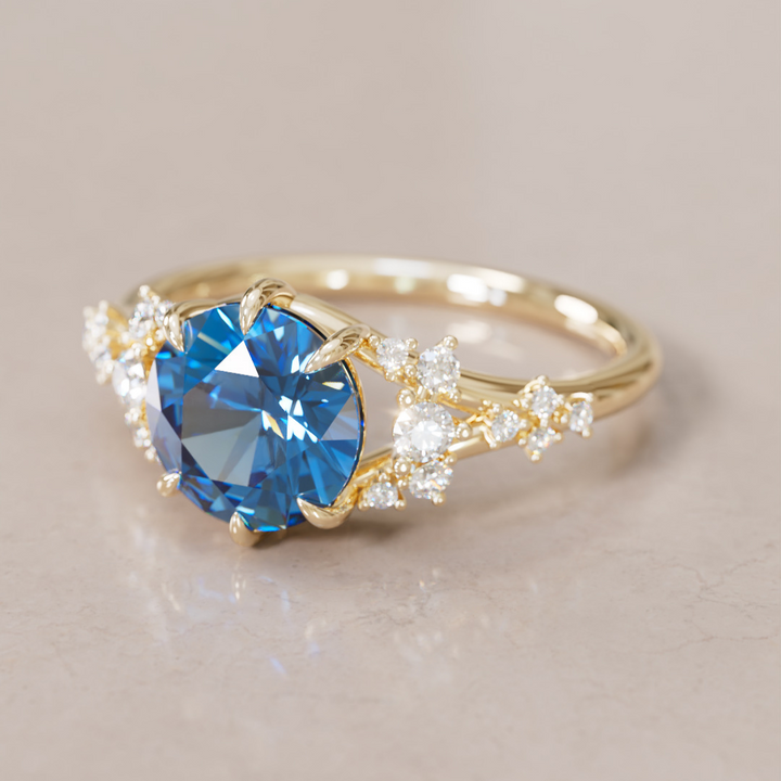 Unique Nature Round Blue Sapphire Engagement Ring Lab Diamonds By Valley Rose