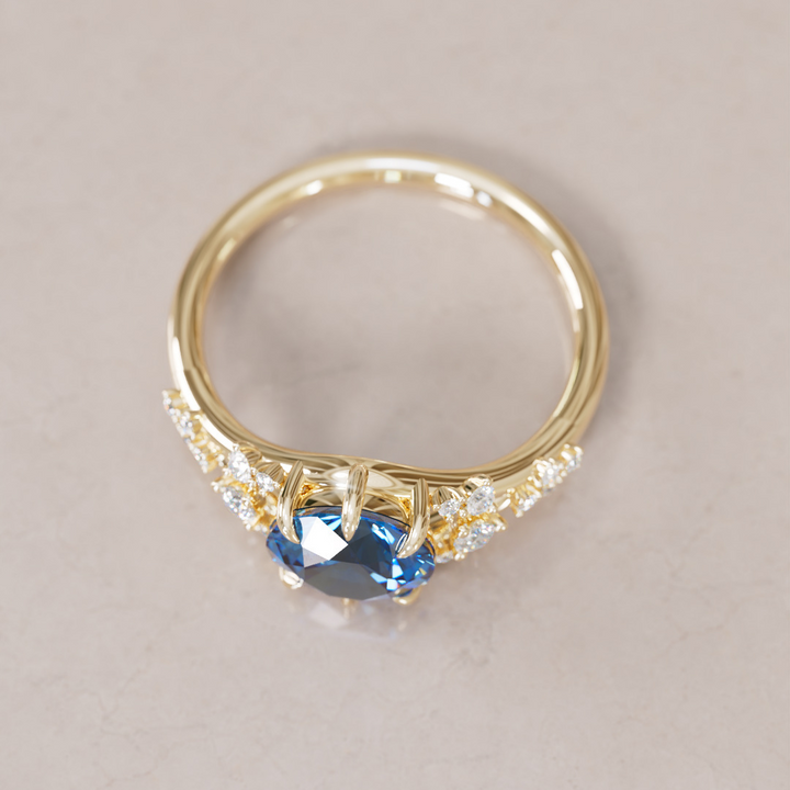 Unique Nature Round Blue Sapphire Engagement Ring Lab Diamonds By Valley Rose