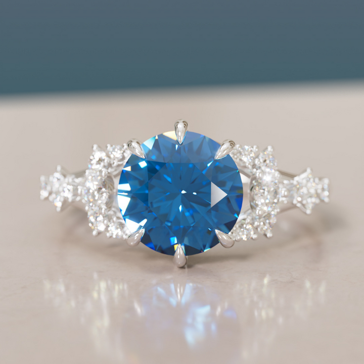 Unique Nature Round Blue Sapphire Engagement Ring Lab Diamonds By Valley Rose
