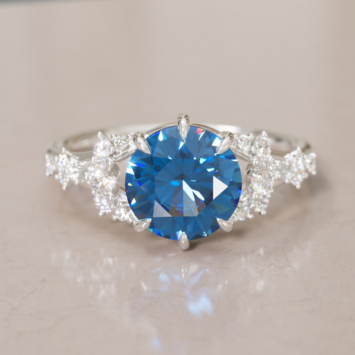 Unique Nature Round Blue Sapphire Engagement Ring Lab Diamonds By Valley Rose