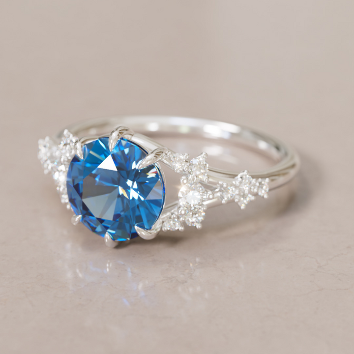 Unique Nature Round Blue Sapphire Engagement Ring Lab Diamonds By Valley Rose