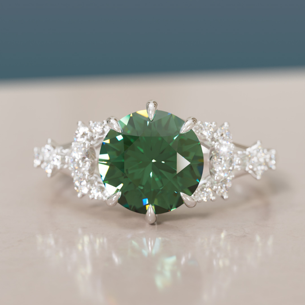 Unique Nature Round Green Sapphire Engagement Ring Lab Diamonds By Valley Rose