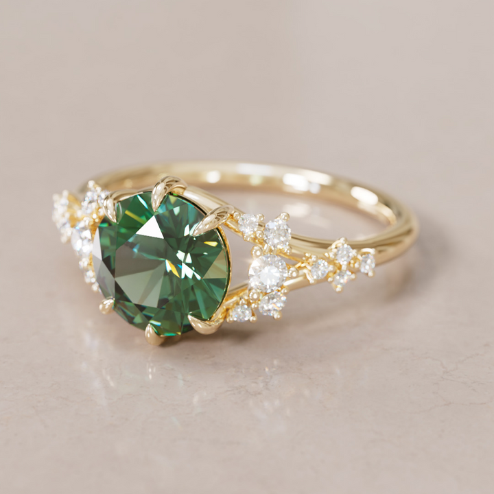 Unique Nature Round Green Sapphire Engagement Ring Lab Diamonds By Valley Rose