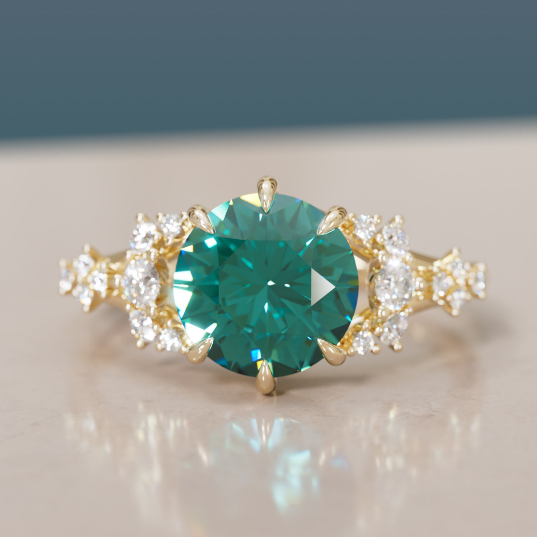 Unique Nature Round Teal Sapphire Engagement Ring Lab Diamonds By Valley Rose