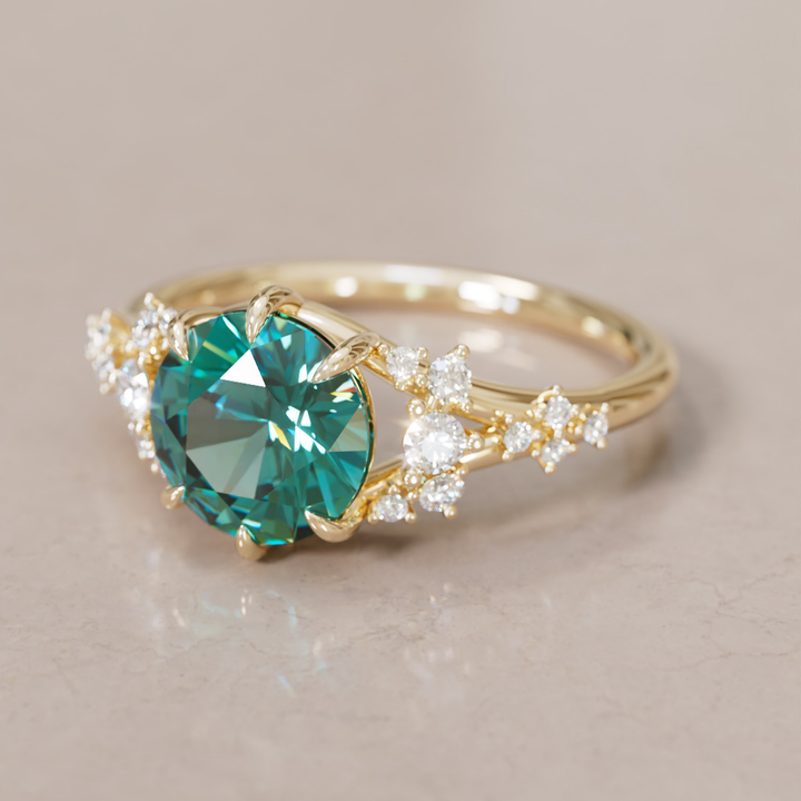 Unique Nature Round Teal Sapphire Engagement Ring Lab Diamonds By Valley Rose