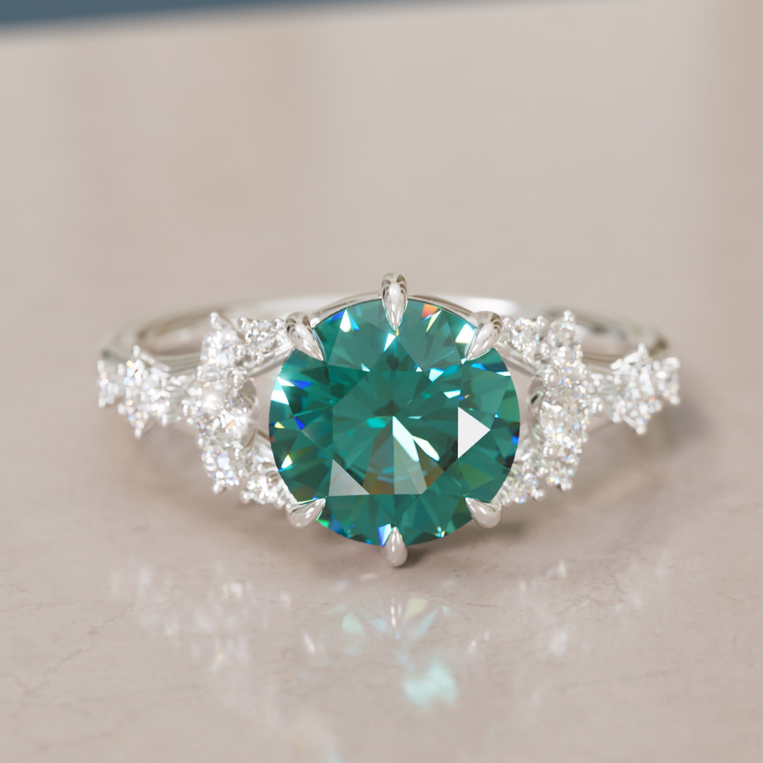 Unique Nature Round Teal Sapphire Engagement Ring Lab Diamonds By Valley Rose