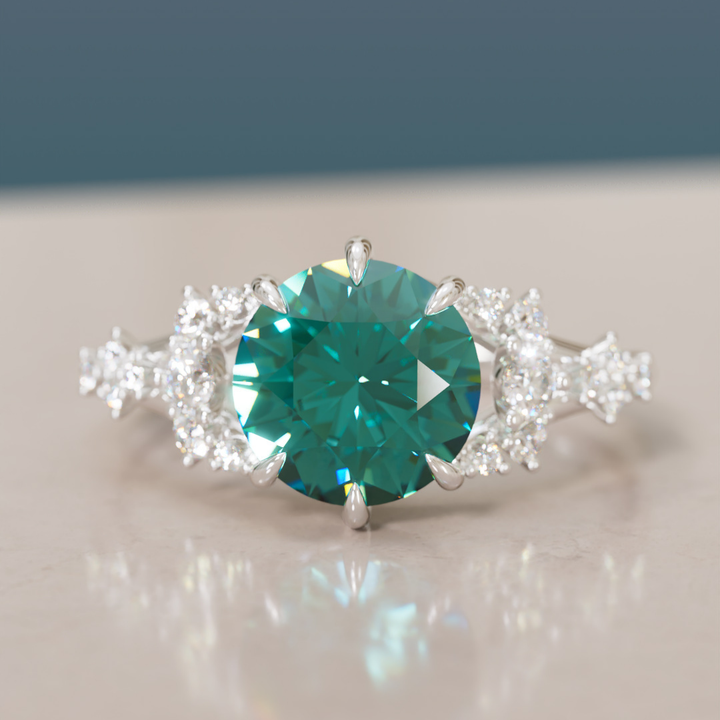 Unique Nature Round Teal Sapphire Engagement Ring Lab Diamonds By Valley Rose