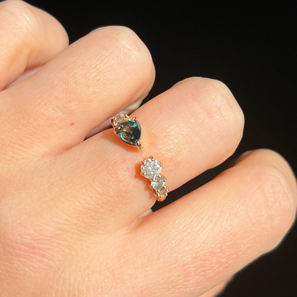 Unique Open Ring with Pear Green Sapphire and Salt and Pepper Diamonds By Valley Rose