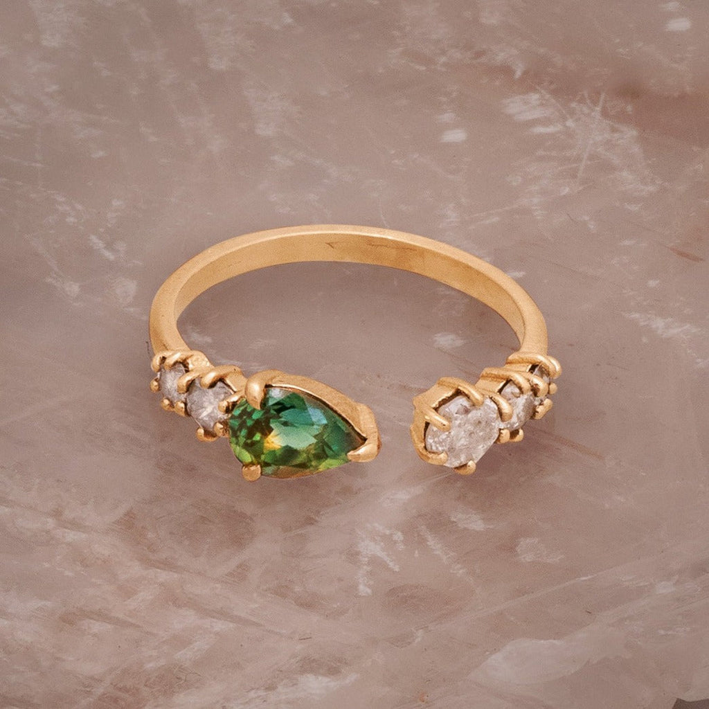 Unique Open Ring with Pear Green Sapphire and Salt and Pepper Diamonds By Valley Rose