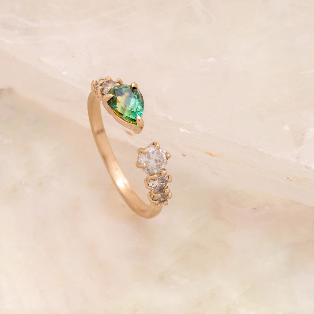 Unique Open Ring with Pear Green Sapphire and Salt and Pepper Diamonds By Valley Rose