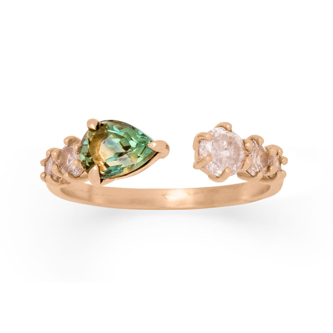 Unique Open Ring with Pear Green Sapphire and Salt and Pepper Diamonds By Valley Rose