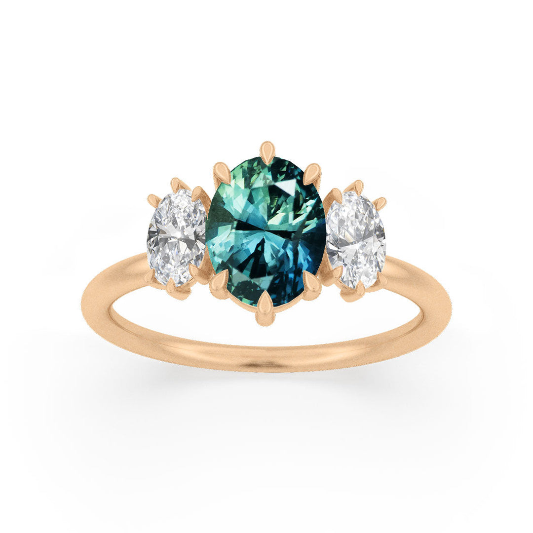 Unique Oval Teal Sapphire Engagement Ring with Diamonds By Valley Rose