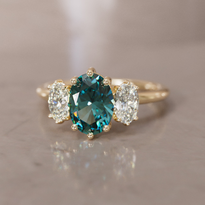 Unique Oval Teal Sapphire Engagement Ring with Diamonds By Valley Rose