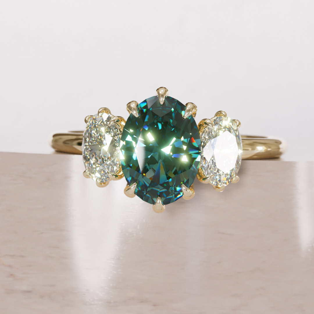 Unique Oval Teal Sapphire Engagement Ring with Diamonds By Valley Rose