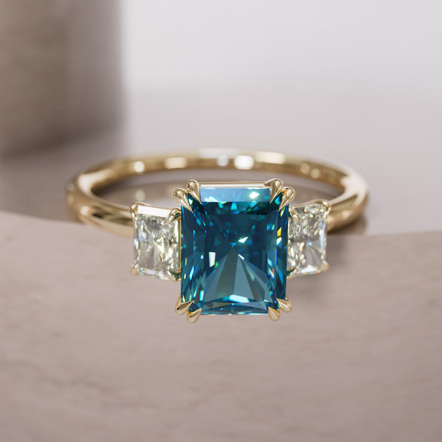 Unique Radiant Cut Blue Sapphire and Diamond Engagement Ring By Valley Rose