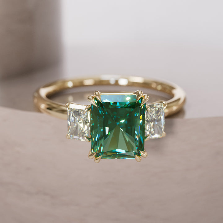Unique Radiant Cut Green Sapphire and Diamond Engagement Ring By Valley Rose