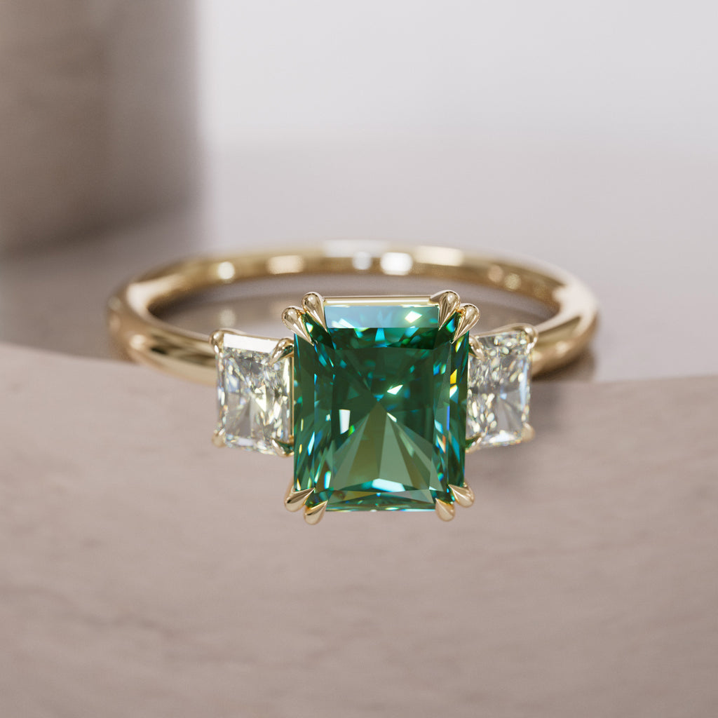 Unique Radiant Cut Green Sapphire and Diamond Engagement Ring By Valley Rose