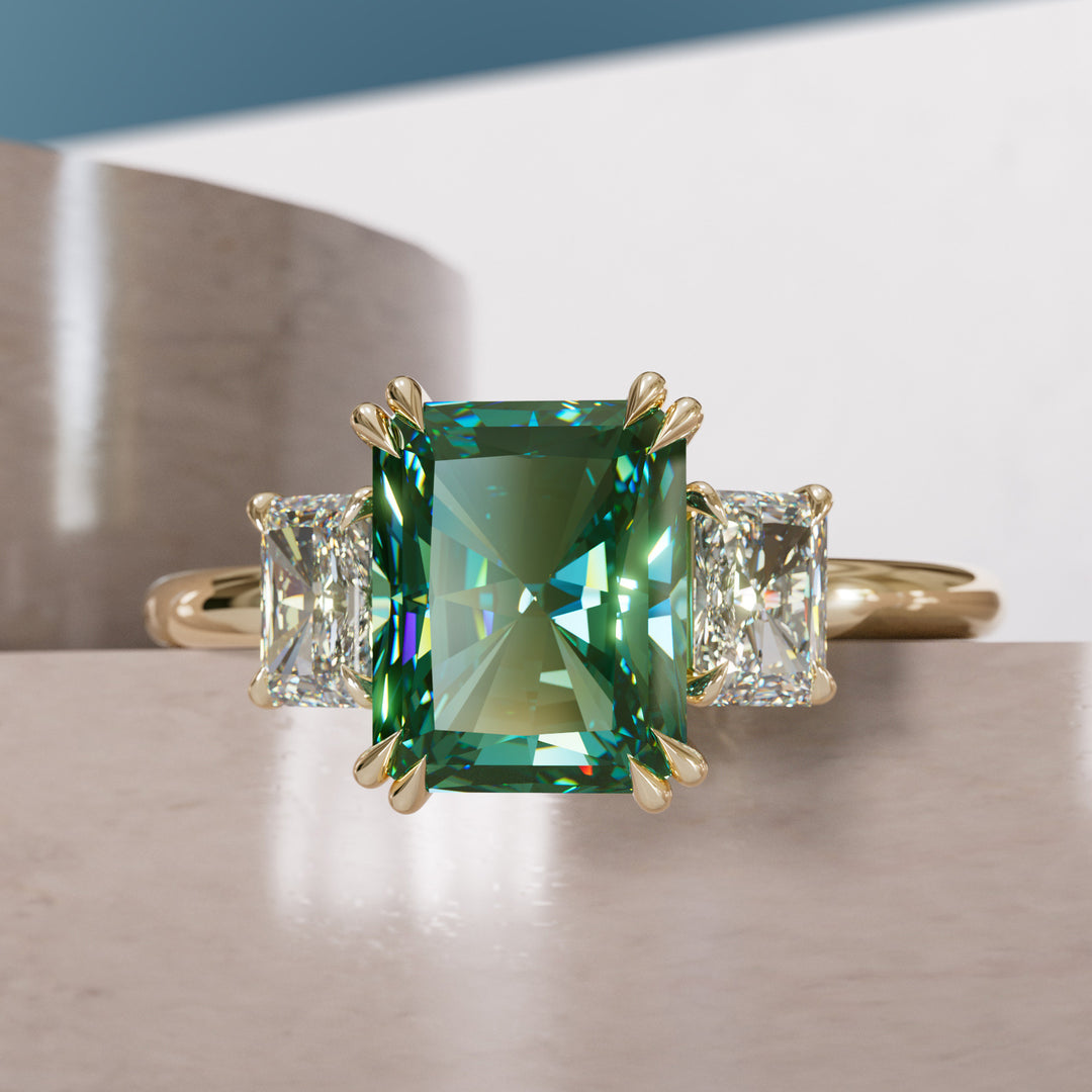 Unique Radiant Cut Green Sapphire and Diamond Engagement Ring By Valley Rose
