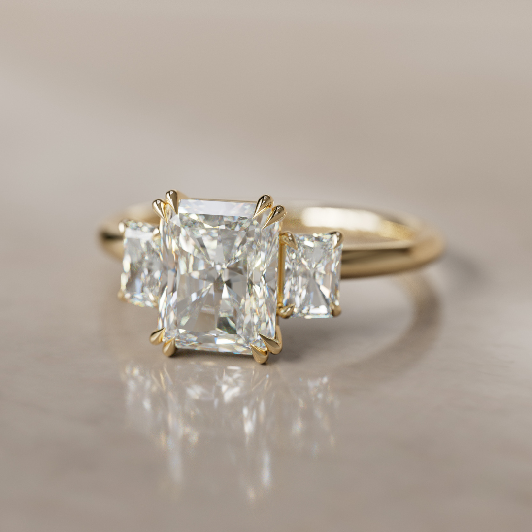 Unique Radiant Cut Lab Created Diamond Three Stone Engagement Ring By Valley Rose