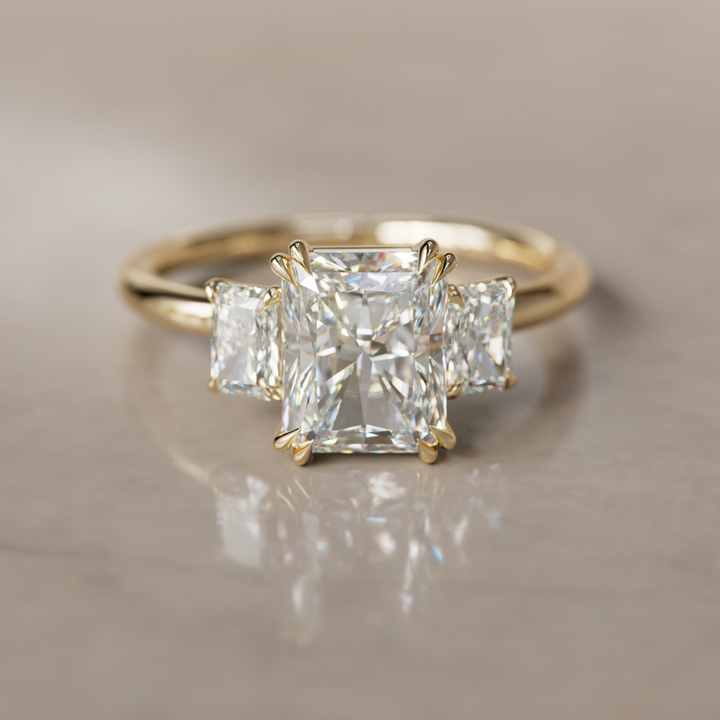 Unique Radiant Cut Lab Created Diamond Three Stone Engagement Ring By Valley Rose