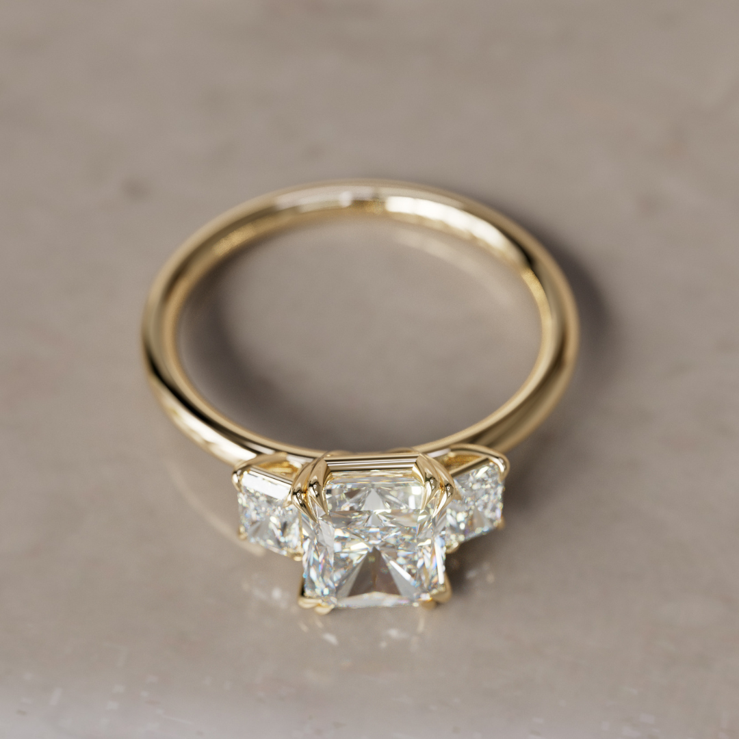 Unique Radiant Cut Lab Created Diamond Three Stone Engagement Ring By Valley Rose