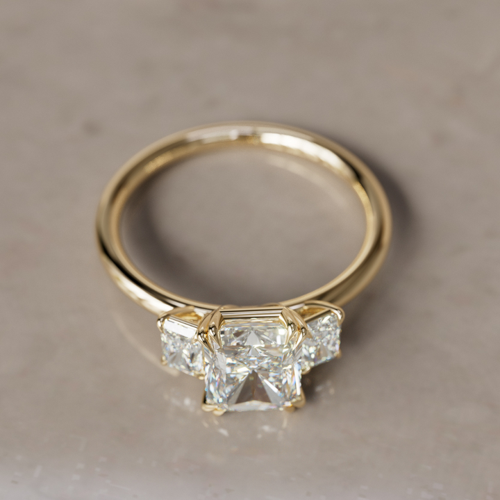 Unique Radiant Cut Lab Created Diamond Three Stone Engagement Ring By Valley Rose