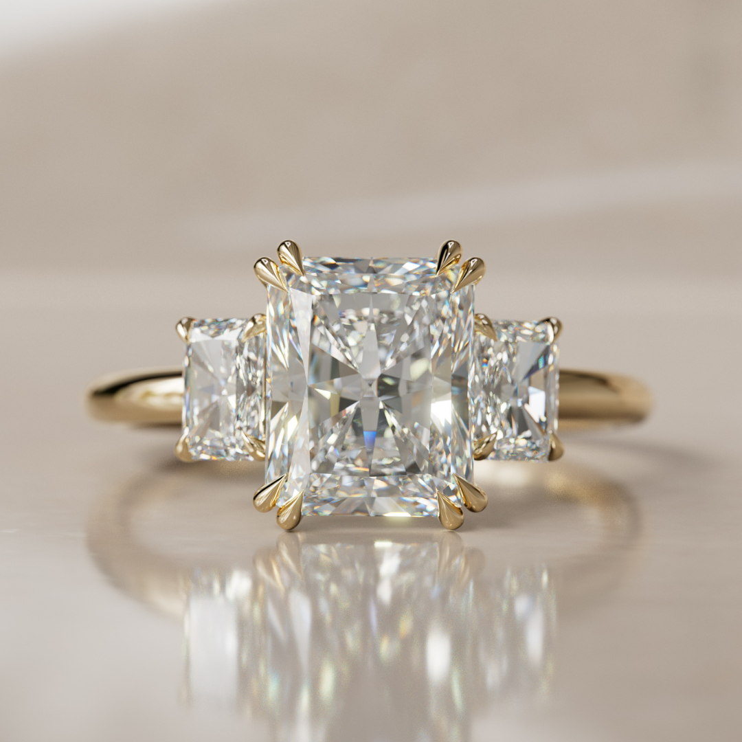Unique Radiant Cut Lab Created Diamond Three Stone Engagement Ring By Valley Rose