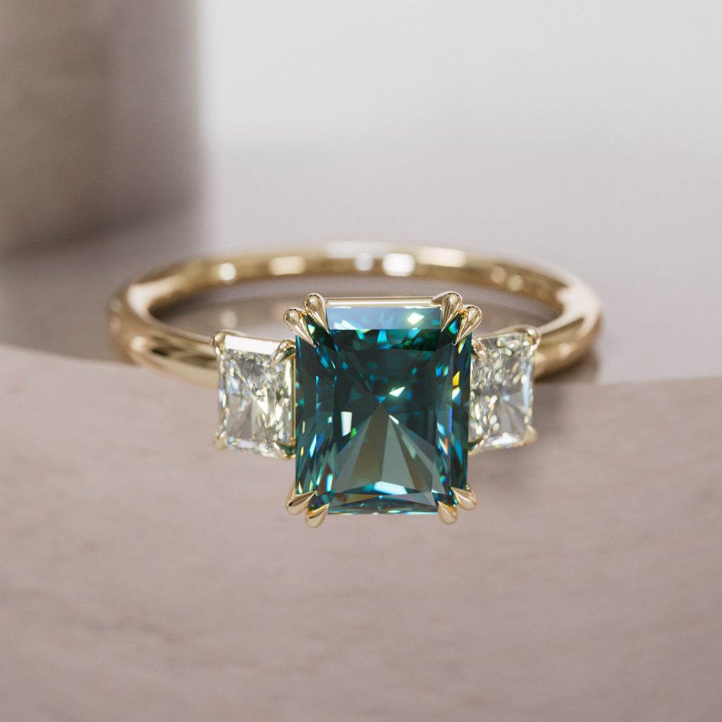 Unique Radiant Cut Teal Sapphire and Diamond Engagement Ring By Valley Rose