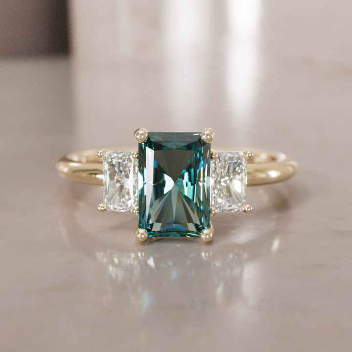 Unique Radiant Cut Teal Sapphire and Diamond Engagement Ring By Valley Rose