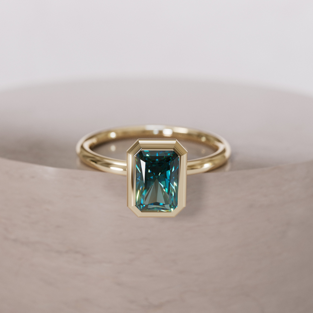 Unique Radiant Cut Teal Sapphire Engagement Ring Bezel Solitaire By Valley Rose