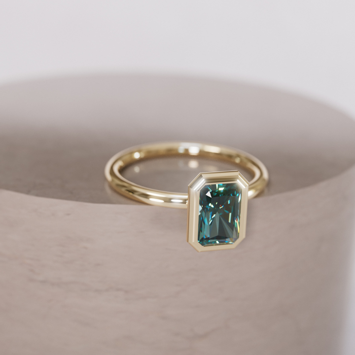 Unique Radiant Cut Teal Sapphire Engagement Ring Bezel Solitaire By Valley Rose