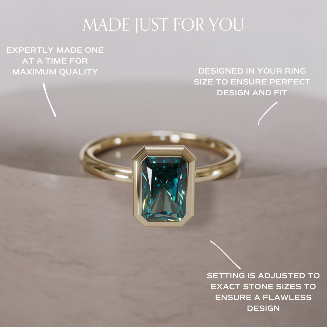 Unique Radiant Cut Teal Sapphire Engagement Ring Bezel Solitaire By Valley Rose